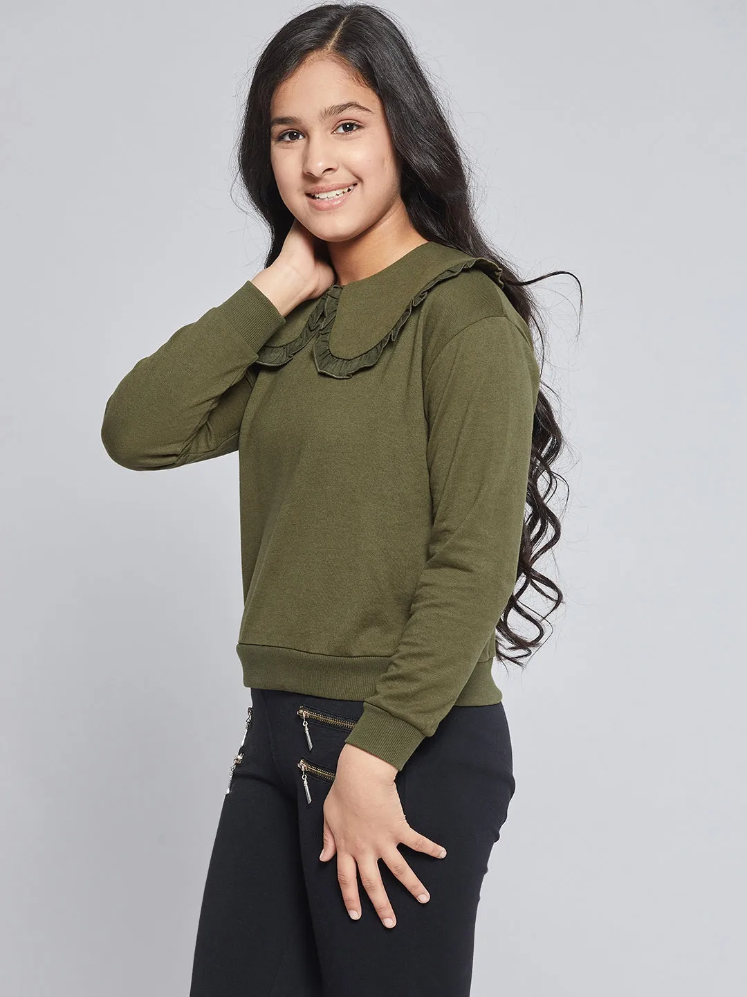 Girls Olive Terry Puritan Collar Sweatshirt