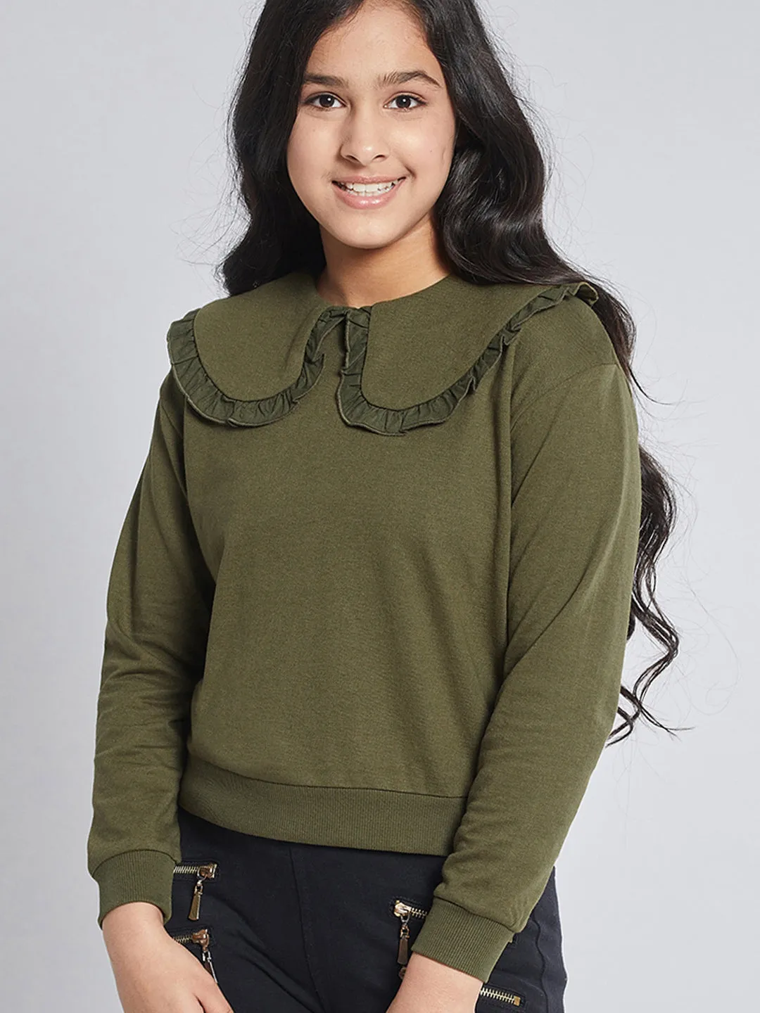 Girls Olive Terry Puritan Collar Sweatshirt