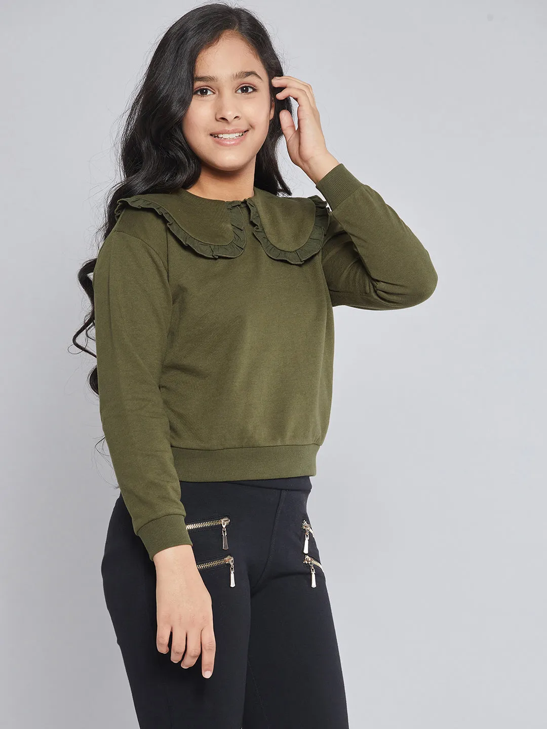 Girls Olive Terry Puritan Collar Sweatshirt